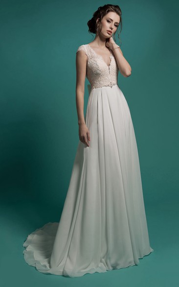 A-Line Floor-Length V-Neck Cap-Sleeve Zipper Chiffon Dress With Lace Appliques And Beading