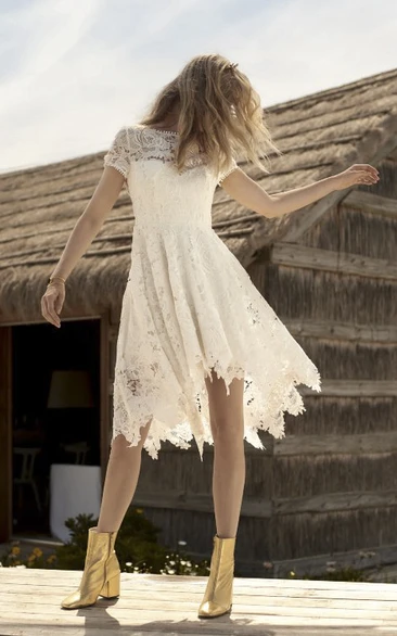 Informal Short Sleeve Country Knee-length Wedding Dress With Illusion Lace Details