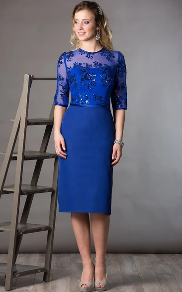 High Neck Half Sleeve Sheath Knee Length Mother Of The Bride Dress With Sequined Top