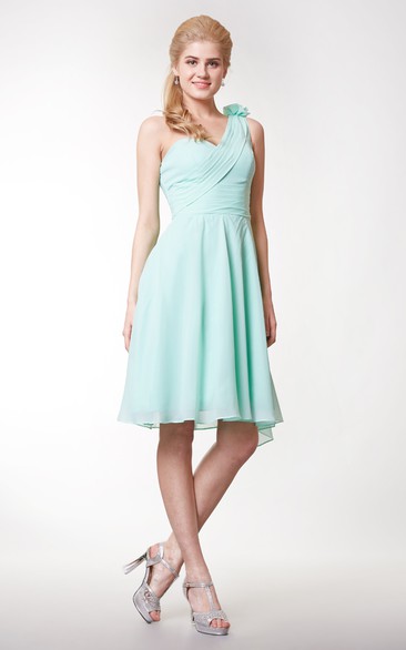 One-shoulder A-line Chiffon Knee Length Dress With Flower