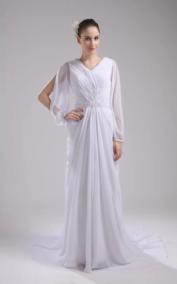 Fairy Chiffon Long-Sleeve Dress With Ruching and Beaded Waist