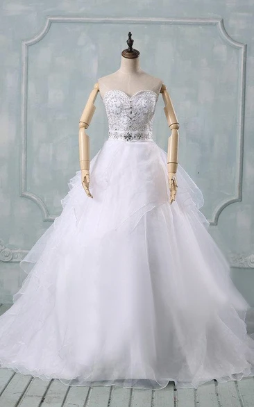 Sweetheart A-Line Long Organza Wedding Dress With Sequins And Ruffles