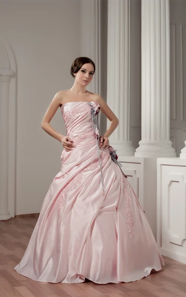 Strapless Appliqued Ball Gown with Flower and Side Ruching