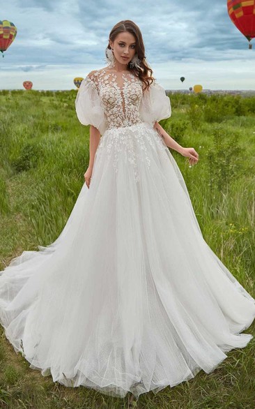 Bohemian A Line Tulle Court Train Wedding Dress with Appliques