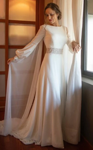 A-Line Bateau Chiffon Romantic Wedding Dress With Open Back And Poet Sleeves