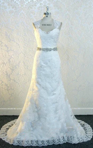 Queen Anne Keyhole Back Long Lace Wedding Dress With Sash And Crytal Detailing