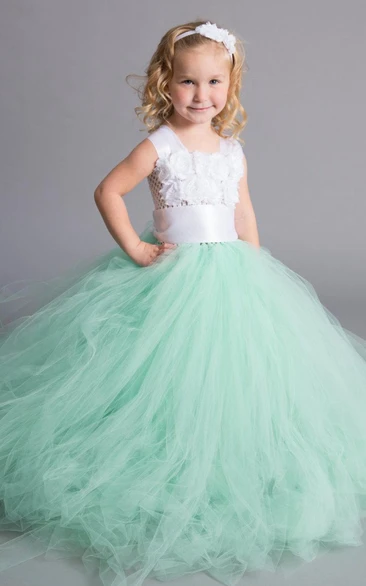 strapped Tulle Dress With Chiffon Flower Bodice and Sash Ribbon