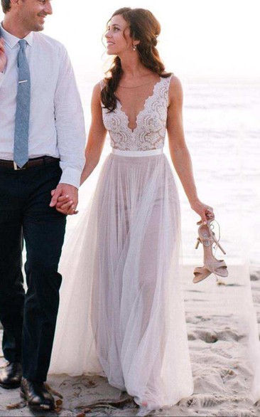 Beach Casual Sleeveless V Neck A-line Long Tulle Wedding Dress With Lace Top