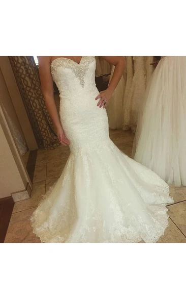 Stunning Beaded Sweetheart Mermaid Lace Gown With Pleats
