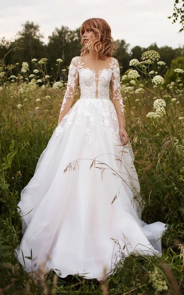 Tulle Illusion Sleeve Adorable Wedding Dress With Lace Details And Illusion Button Back