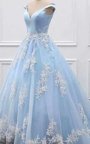 Off-the-shoulder Court Train Satin Tulle Prom Dress - June Bridals