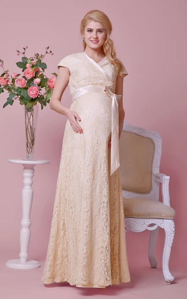 Cap-sleeved Sheath Lace Maternity Wedding Dress With Criss-crossed V Neck