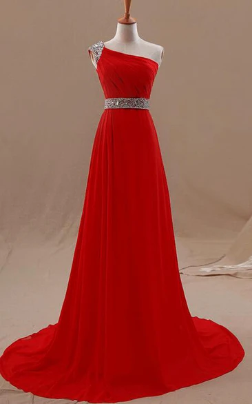 One-shoulder A-line Chiffon Dress With Beaded Detailing
