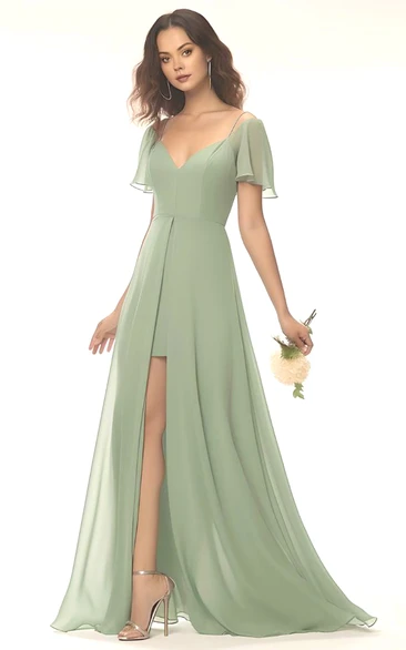 Modest A-Line Spaghetti V-neck Chiffon Bridesmaid Dress with Split Front