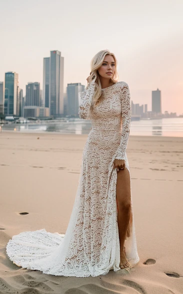 Modest Beach Long Sleeve Boho Lace Wedding Dress Sexy Elegant Boat Open Back Train Bridal Gown with Side Slit