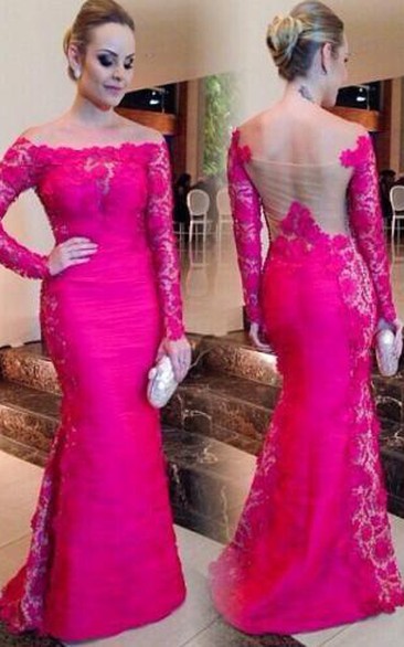 Newest Fuchsia Long Sleeve Mermaid Evening Dress Lace Off-the-shoulder