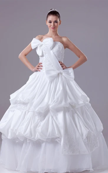 Strapless Pick-Up Tiered Ball Gown with Appliques and Bow