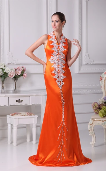 V-Neck Sleeveless Sheath Long Dress with Stress and Appliques