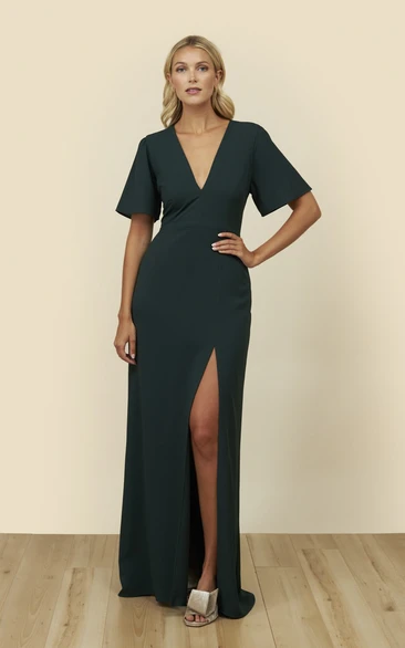 Bell Half Sleeve With A Keyhole Back Dress With Plunging Neckline And Front Split