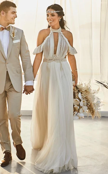 Grecian A-Line Off-the-shoulder Tulle Wedding Dress With Halter Neckline And Sash