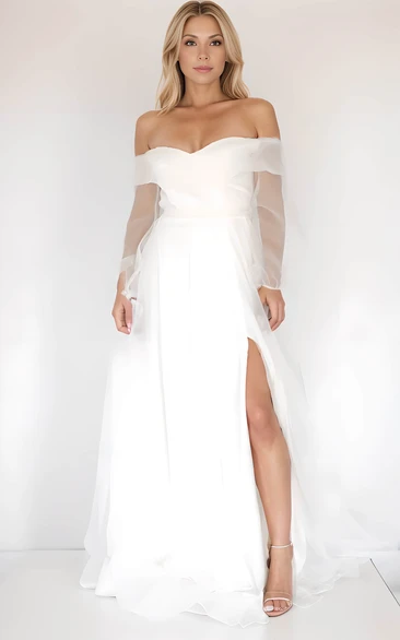 Simple Sweetheart Tulle Off-the-Shoulder Sexy A-Line Front Split Solid Satin Dress
