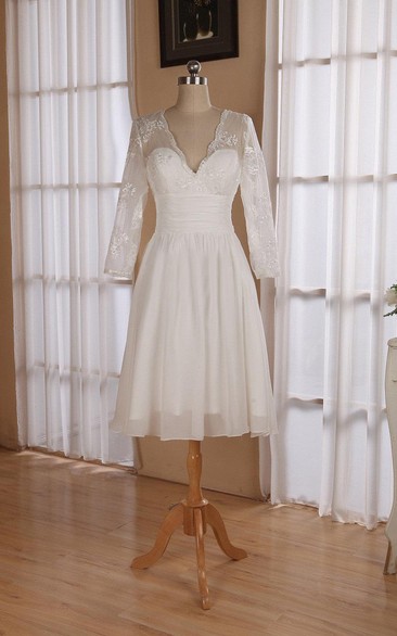 V Neck 3 4 Length Sleeve Chiffon Wedding Dress With Ruching And Illusion Back