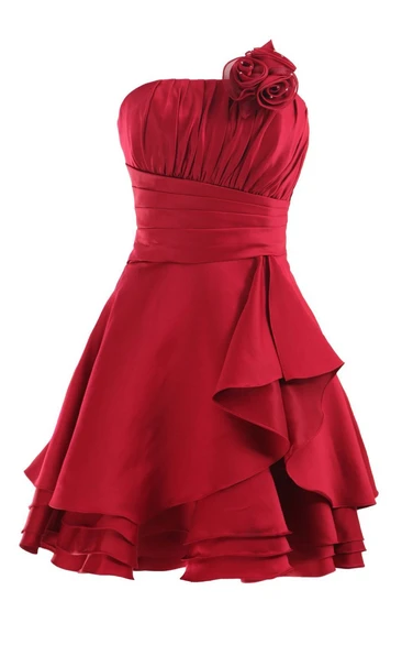 Pleated Strapless DressWith Layered Skirt and Flower