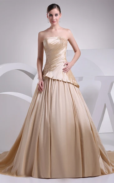 Strapless Pleated A-Line Gown with Ruching and Appliques