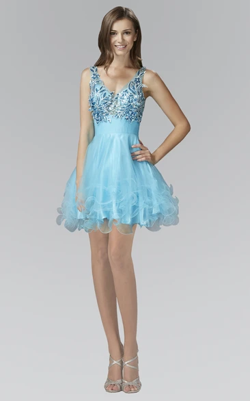 A-Line Short V-Neck Sleeveless Tulle Satin Dress With Ruffles And Crystal Detailing