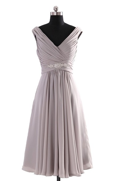 V-neckline Pleated Basque Waist Dress With Crystal - June Bridals
