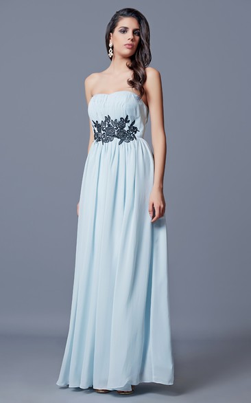 Strapless Appliqued and Ruched A-line Long Chiffon Dress