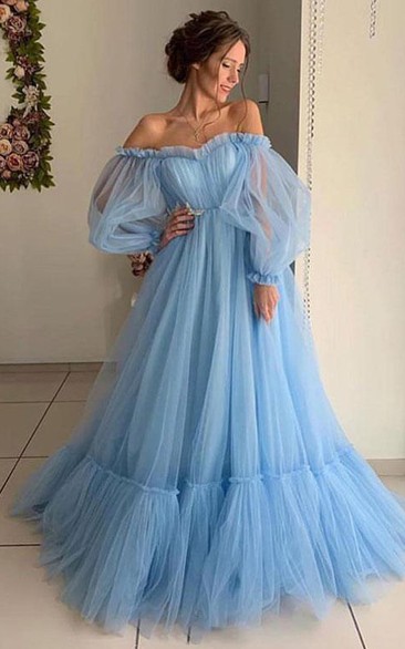 Ethereal Ball Gown Tulle Off-the-shoulder Long Sleeve Formal Dress with Ruching