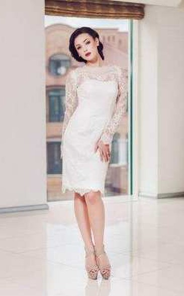 Lace Jewel-Neck Illusion Long Sleeve Short Wedding Dress