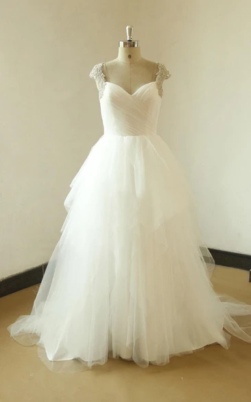 A-Line Tulle Satin Dress With Beading Ruffles Keyhole Back