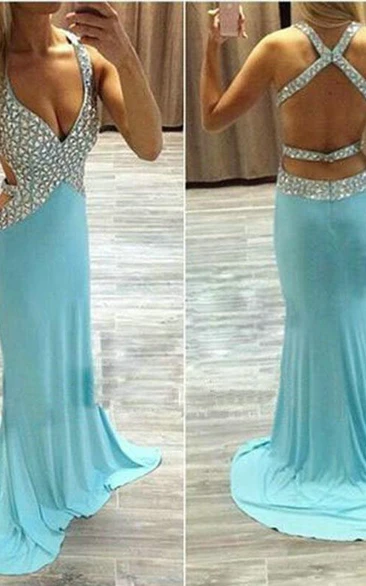 Gorgeous Crystal Mermaid Prom Dresses V-neck Long Chiffon