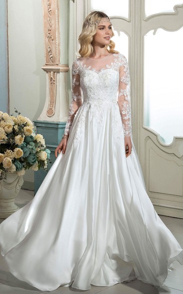 A-line Elegant Lace Ethereal Bridal Dress With Illusion Long Sleeves And Buttons Back