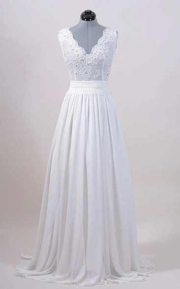 Chiffon Satin Lace Low-V Back Wedding Dress