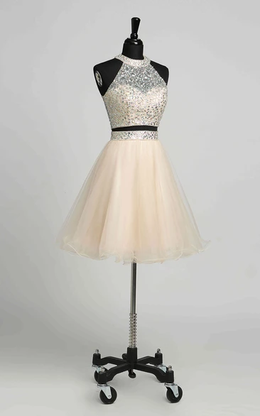 A-Line Halter Tulle Romantic Short Mini Sleeveless Keyhole Dress with Beading Sequins