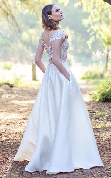 V-Neck Cap-Sleeve Two-Piece A-Line Satin Wedding Dress With