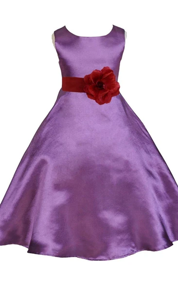 Sleeveless A-line Satin Dress With Floral Waist
