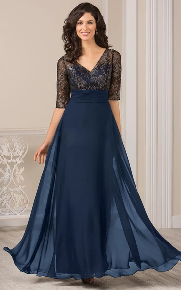 Modest Floral A-Line Hale Sleeve Formal Dress Elegant Maxi Chiffon Navy Blue Illusion Bodice Maxi Party Gown