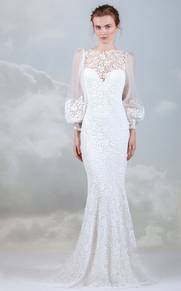 Elegant Bateau Long Sleeve Sweep Floor-Length Mermaid Wedding Dress With Low-V Back