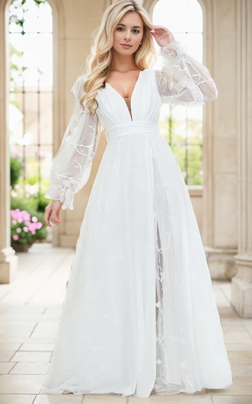 Satin A-Line V-Neck Tulle Long Sleeve Boho Beach Gown Wedding Dress with Split Front
