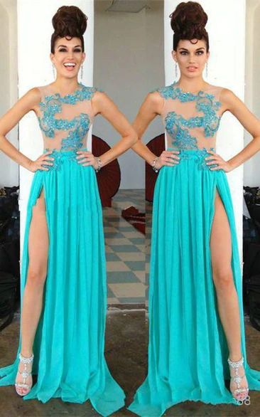 Modern Chiffon Appliques Sequined Prom Dress Front Split Sweep Train