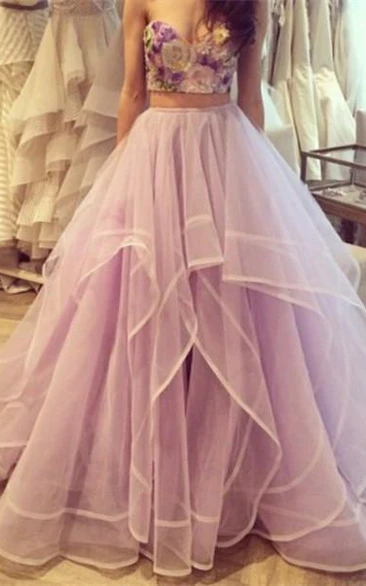 Beautiful Flowers Sweetheart Tulle Prom Dress Two Pieces