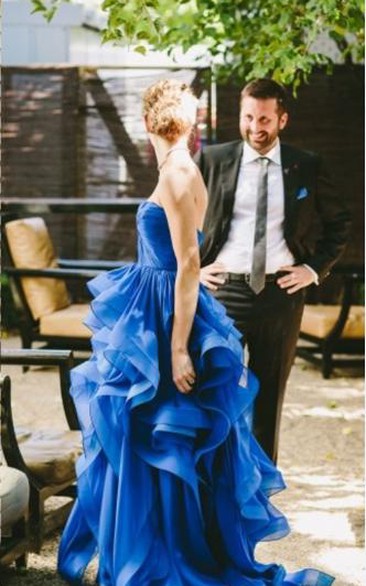 Sexy Strapless Sleeveless Royal Blue Prom Dress Spaghetti Strap With Ruffles
