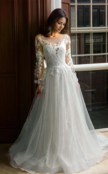 Lace V-neck Elegant Ethereal A-Line Fairy Wedding Dress with Court Train Long Sleeve Button Back