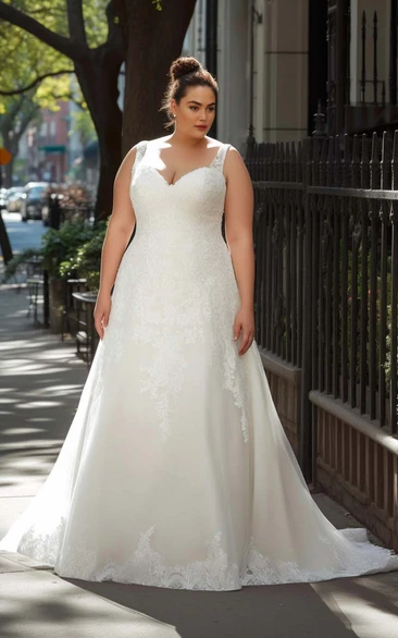 A-Line Plus Size Chiffon Lace Sleeveless Wedding Dress V-neck Sexy Bohemian Elegant Romantic Sweep Train