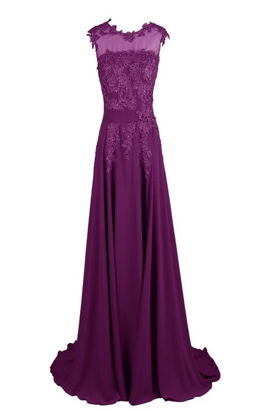 Sleeveless V-neck Chiffon Gown With Embroidered Bodice