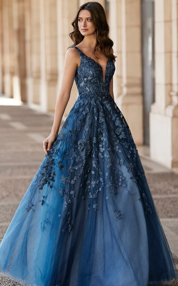 Ethereal A-Line Plunging Neckline Tulle Sleeveless Prom Dress
